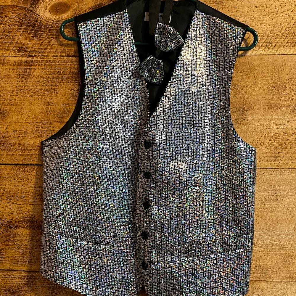 Men's SEQUIN  Vest & Bow Tie SILVER Color